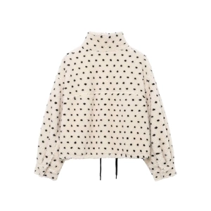 Polka dot cropped fleece jacket with stand collar and adjustable drawstring hem in cream