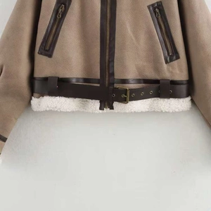 Short khaki faux suede aviator jacket with brown leather trim and white faux fur hem