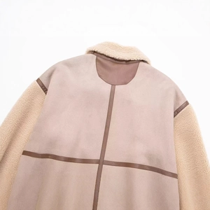 Women's faux suede jacket with fleece patchwork sleeves and back cross detail