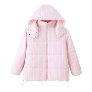 Women winter warm striped hooded puffer jacket with pink and white vertical patterns