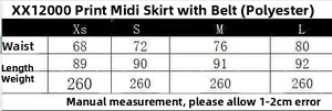 Detailed size guide for belted print midi skirt with waist and length specs in centimeters