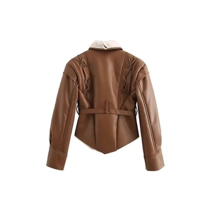 Brown faux leather jacket with shearling collar, lace-up back and asymmetric hem