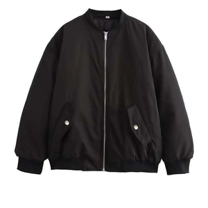Women Casual Black Bomber Jacket Ruched Long Sleeve Zip Up Loose Fit Windproof Outerwear Coat With Pockets For Autumn