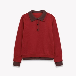 Classic dark red knitted polo sweater with brown contrast trim and button neckline