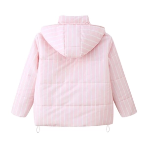 Detail view of pink and white striped padded jacket featuring adjustable hem drawstring