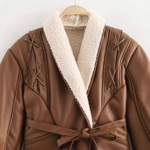 Brown leather faux fur coat with asymmetrical lace-up detail and belted waist