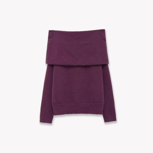 Off-shoulder plum purple knit sweater with fold-over neckline and slim fit design