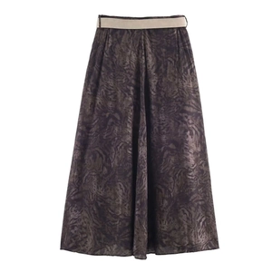 Summer high waist midi skirt with black animal print and contrast white belt design