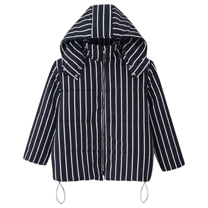 Winter striped hooded puffer jacket with drawstring hem and full zip in white background