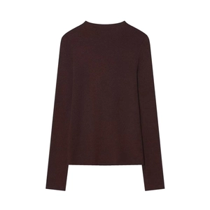 Detail view of the seamless back and premium fine knit texture of this burgundy sweater