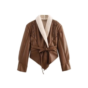 Brown faux leather jacket with fleece lining and irregular cross-lace waist detail