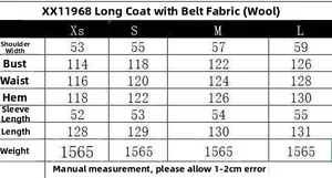 Guide des tailles détaillé pour manteau long en laine avec mesures de buste et manches