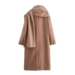 Elegant camel long wool coat featuring an integrated scarf collar and straight cut back