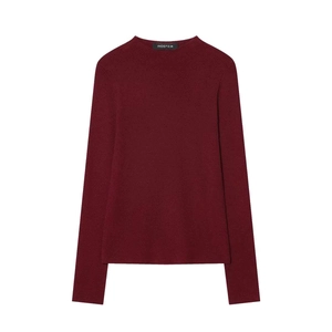 Classic deep burgundy crew neck long sleeve knit sweater for women on white background