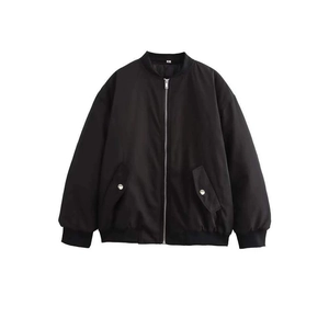 Chic black oversized bomber jacket for women with silver zipper and ribbed cuffs