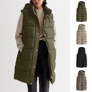 Women's Long Hooded Puffer Vest Windproof Quilted Sleeveless Jacket With Drawstring Pockets For Autumn Winter Casual Outwear