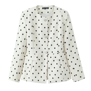 Damen Polka Dot Blazer Elegant Rundhals Langarm Anzug Jacke Mit Strass Knöpfen Weiß Oberbekleidung Für Büro