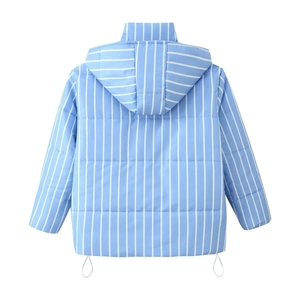 Detail view of the back of a light blue and white striped quilted padded jacket with drawstring