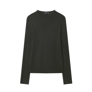 Detail view of round neck dark green knit sweater with INDEFEIR brand label