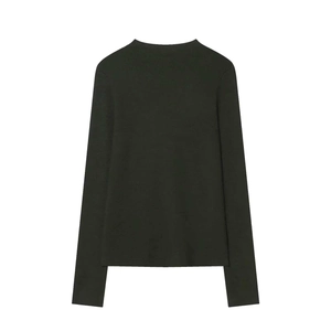 Detailed back view of a dark green long-sleeved knit sweater with a simple round neckline