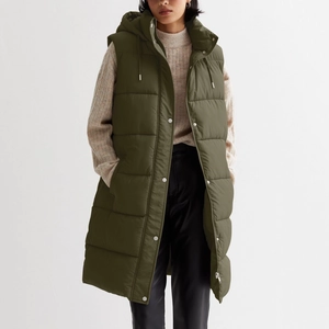 Women long quilted hooded vest in olive green featuring drawstring and metallic snap buttons
