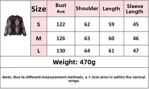 Detailed size guide for retro argyle knit sweater including bust and sleeve measurements