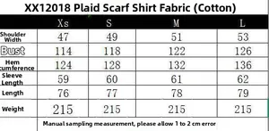 Detailed size chart for the loose plaid long-sleeve shirt with scarf in poplin fabric