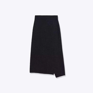 Dark charcoal grey high waist knitted midi skirt with a stylish asymmetrical hem design