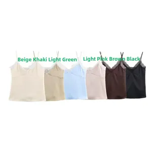 Lace-trimmed satin camisoles shown in beige, khaki, green, pink, brown, and black colors