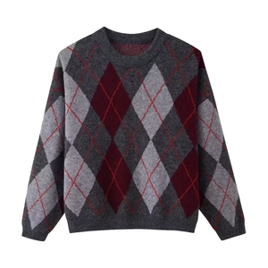 Women's Vintage Argyle Knitted Sweater Round Neck Loose Long Sleeve Preppy Style Jumper Casual Fall Winter Pullover Top
