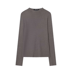 Classic slim-fit grey long-sleeve knit top with a ribbed texture and crew neck design