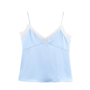 Light blue satin camisole with white lace V-neck trim and slim straps on white background
