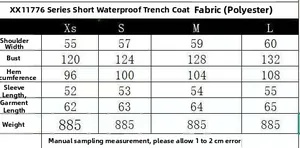Detailed size chart for women's short waterproof jacket showing measurements for Xs to L