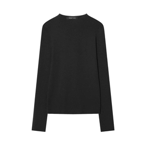 Close-up of crew neck collar and brand label on a slim-fit black long sleeve knit top