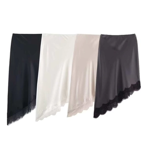 Women Elegant Satin Midi Skirt With Asymmetric Lace Trim Solid Color High Waist Bodycon Skirt For Summer Fashion Lady Bottoms