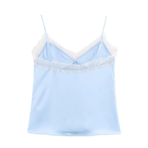 Detail of light blue satin camisole with white lace trim and adjustable thin straps