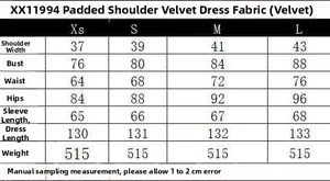 Detailed size chart for the velvet long-sleeve dress with pleated shoulder pads