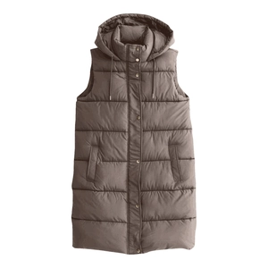 Detail of dark brown quilted vest showing adjustable hood, drawstring, and metal snap buttons