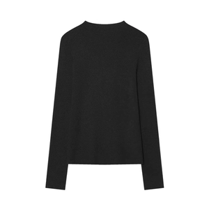 Detailed view of black long-sleeve knit sweater with crew neck and ribbed texture