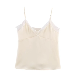 Women's V-neck satin camisole top with lace trim in creamy white, studio flat lay
