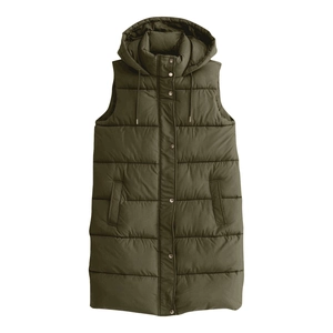Detail view of olive green quilted long puffer vest with hood and snap buttons