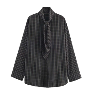 Oversize plaid long sleeve shirt with matching neck tie scarf in dark vintage pattern