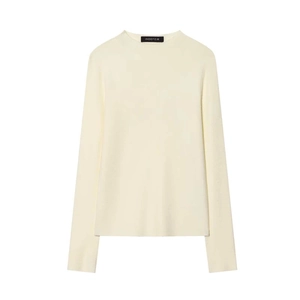 Detail showing high-quality cream white knit texture and classic crew neck on long sleeve top