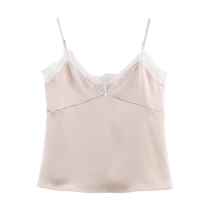 Elegant champagne satin camisole for women with delicate white lace trim and v-neckline