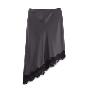 Asymmetric charcoal satin midi skirt with elegant black lace trim detail on hem