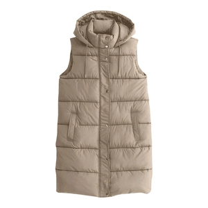 Detail of khaki quilted long hooded vest with metal buttons and horizontal stitching