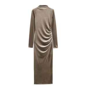 Elegant Ruched Velvet Maxi Dress For Women High Neck Shoulder Pad Slim Fit Party Banquet Long Sleeve Bodycon Dress