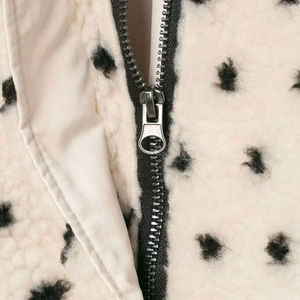 Short vintage polka dot fleece jacket for women featuring white sheepskin texture and zipper