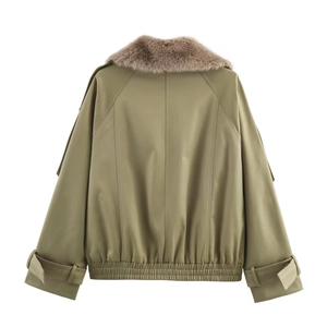 Olive green cropped bomber jacket featuring a brown faux fur collar and elastic hem