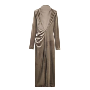 Deep V-neck long sleeve velvet maxi dress with waist pleats and drape in brownish grey